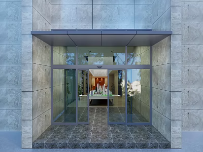 Elegant Restaurant Entrance With Glass Doors Stone Walls And Illuminated Interior 3d model