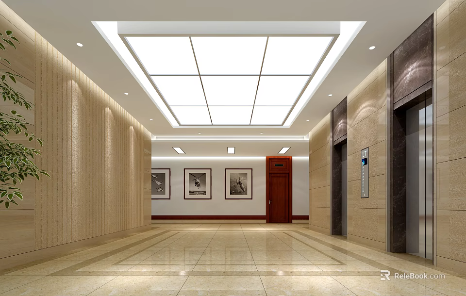 Modern Elevator Hallway Interior With Wooden Walls Marble Floor Decorative Paintings And Elevator Doors 3d model 