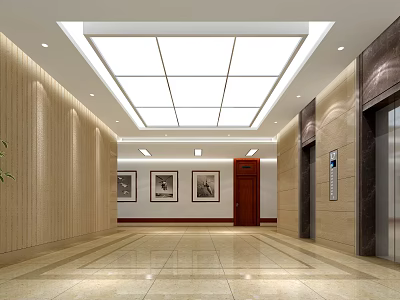 Modern Elevator Hallway Interior With Wooden Walls Marble Floor Decorative Paintings And Elevator Doors 3d model