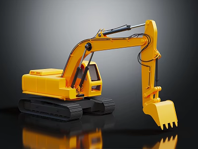 Yellow Toy Excavator With Tracks And Front Bucket On Black Background 3d model