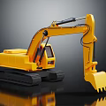 Yellow Toy Excavator With Tracks And Front Bucket On Black Background