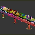 Amusement Park Roller Coaster With Yellow Cars Red Track And Support Structures Seats