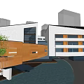 Modern School Building Exterior With Glass Facade Multi Story Structure Wooden Fence And Trees