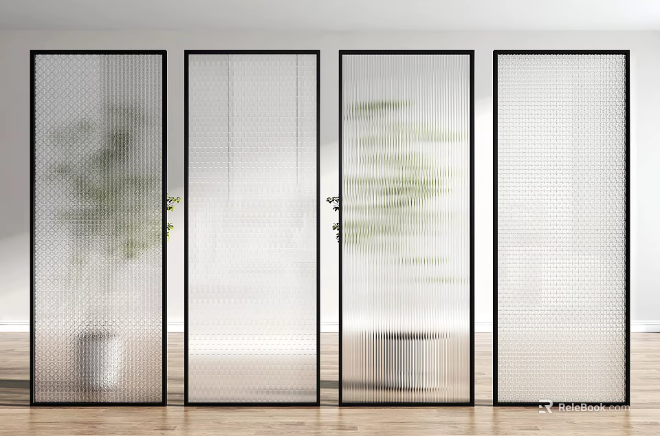 Modern Glass Room Dividers With Transparent Panels Green Plants And Wooden Floor 3d model 