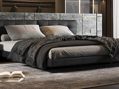 Modern Double Bed With Black Headboard Gray Pillows Dark Blanket And Gray Wall Decor 3d model