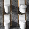 Six Different White Toilets on Gray Marble Wall with Wooden Frames Showcasing Stylish Designs