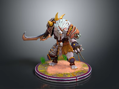Horned Fantasy Warrior Character With White Fur Armored Holding Sword On Grass Base Platform 3d model