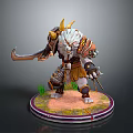 Horned Fantasy Warrior Character With White Fur Armored Holding Sword On Grass Base Platform