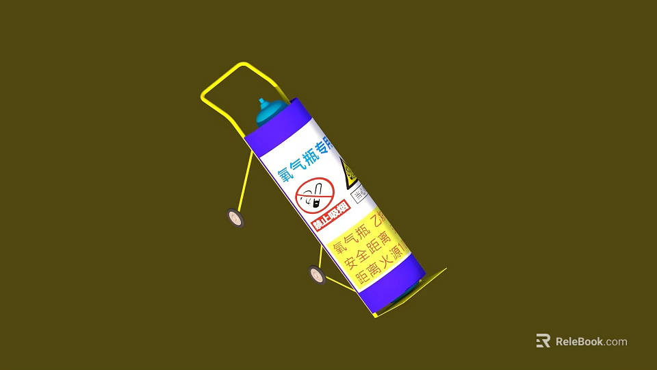 Industrial Gas Cylinder With Yellow Handle Blue Top And Warning Labels 3d model 