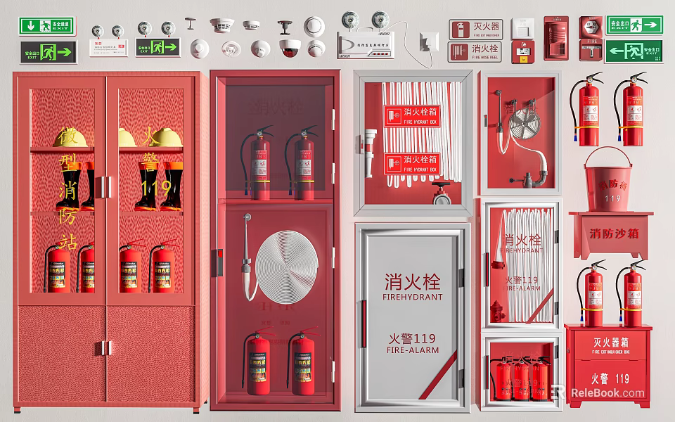 Comprehensive Fire Equipment Display Featuring Fire Cabinets Extinguishers Hydrants Hoses Helmets And Axes 3d model 