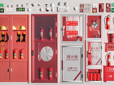Comprehensive Fire Equipment Display Featuring Fire Cabinets Extinguishers Hydrants Hoses Helmets And Axes 3d model