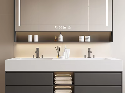 Modern Bathroom Vanity With Double Sinks Large Mirror LED Shelf Toiletries And Drawers With Towels 3d model