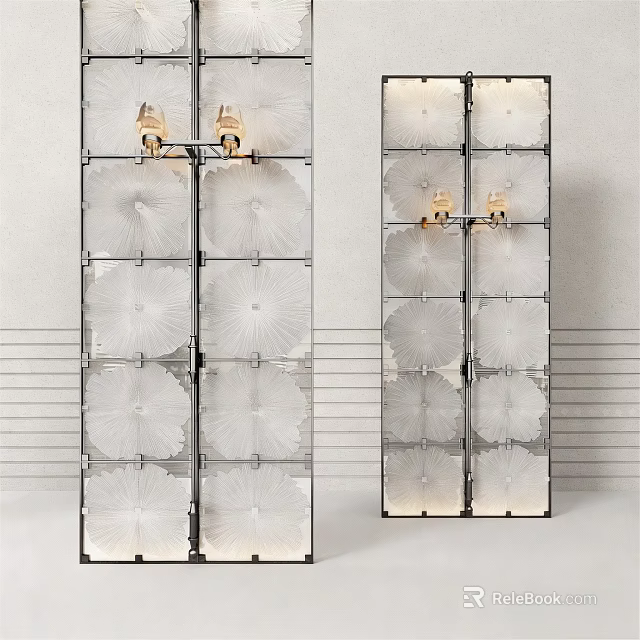 Glass Screen with Floral Pattern Metal Frame and Elegant Chandelier Lighting 3d model 
