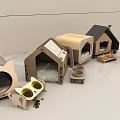 Various Designed Pet Houses With Wooden Fabric Materials And Pet Bowls