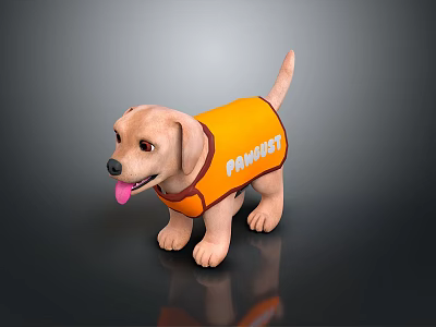 Cute Puppy Wearing Orange Vest With PAMPETS Text Standing On Black Surface 3d model
