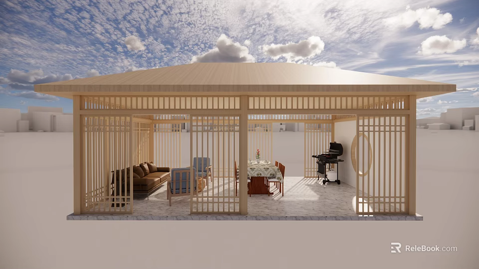 Cozy Wooden Garden Pavilion With Latticed Screens Sofa Dining Table Piano And Blue Sky 3d model 