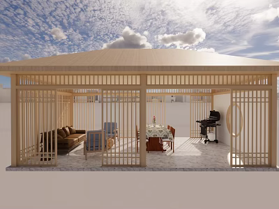 Cozy Wooden Garden Pavilion With Latticed Screens Sofa Dining Table Piano And Blue Sky 3d model