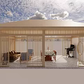 Cozy Wooden Garden Pavilion With Latticed Screens Sofa Dining Table Piano And Blue Sky