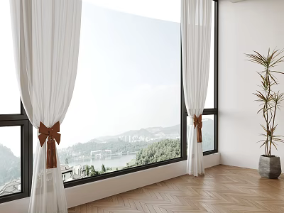 White Sheer Curtains With Bow Accents For Scenic Mountain Lake View Room 3d model