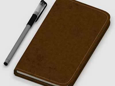 Brown Leather Notebook With Elegant Stitch Details And Silver Pen On White Surface 3d model