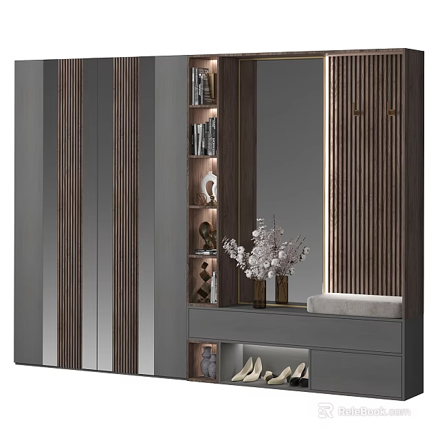 Modern Wardrobe Interior Design With Mirror Wooden Panels Storage Shelves And Decorative Flowers 3d model 