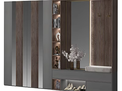 Modern Wardrobe Interior Design With Mirror Wooden Panels Storage Shelves And Decorative Flowers 3d model