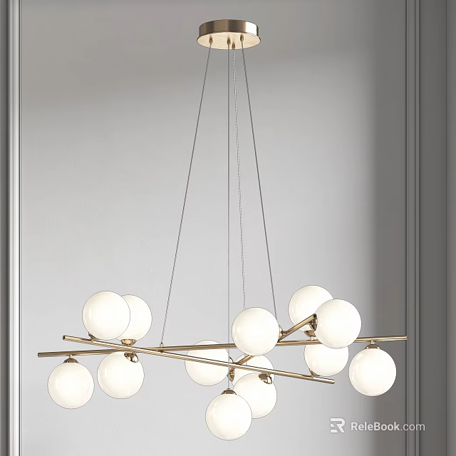 Modern Hanging Chandelier With Branched Metal Frame And White Globe Lights 3d model 