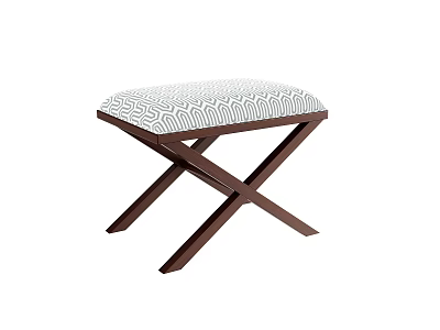 Elegant Wooden Stool With X Shaped Legs And Black White Patterned Fabric Seat 3d model