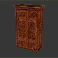 Traditional Wooden Carved Cabinet With Double Doors And Decorative Lattice Patterns In Dark Brown Tone