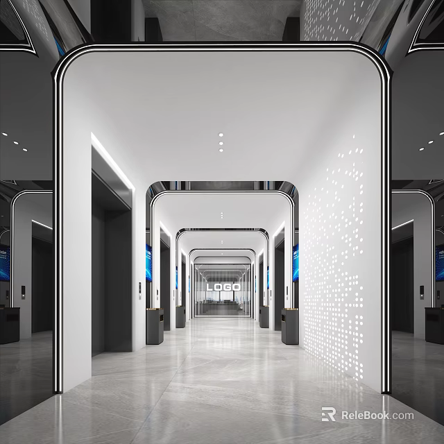 Modern Elevator Hallway Interior With Recessed Lighting Mirrored Walls And Perforated Panels 3d model