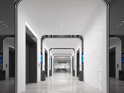 Modern Elevator Hallway Interior With Recessed Lighting Mirrored Walls And Perforated Panels 3d model