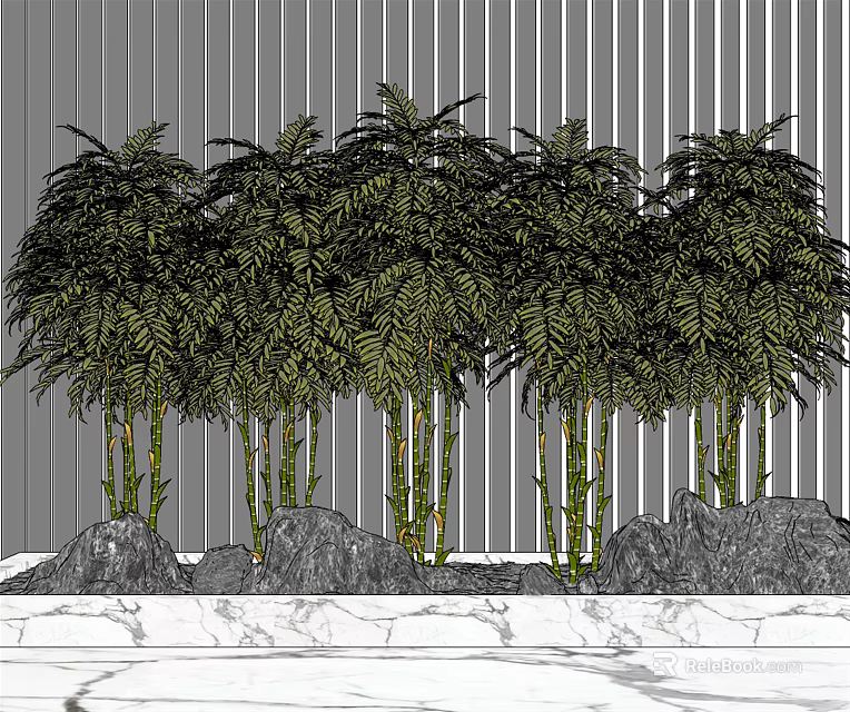 Bamboo Plants And Rocks In Modern Landscape With Vertical Panels 3d model 