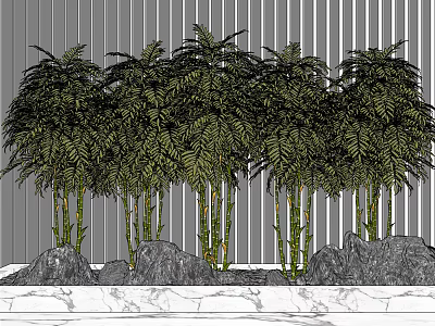 Bamboo Plants And Rocks In Modern Landscape With Vertical Panels 3d model