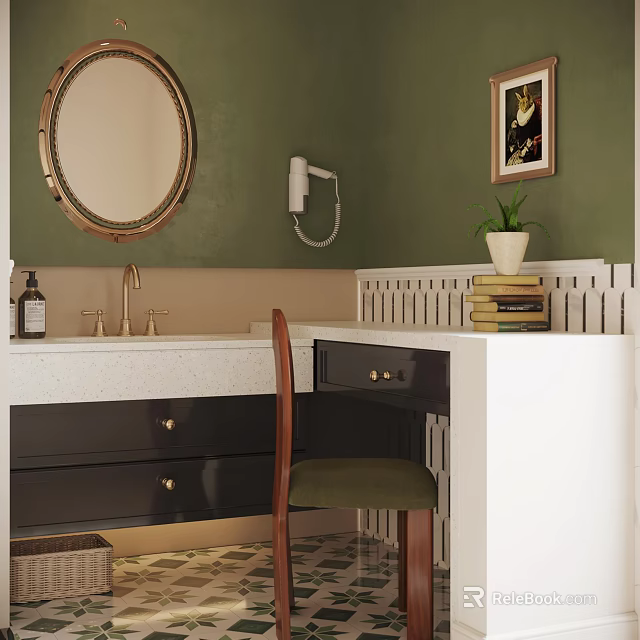 Green Wall Dressing Table With Round Brass Mirror White Countertop Green Chair Books And Plant 3d model 