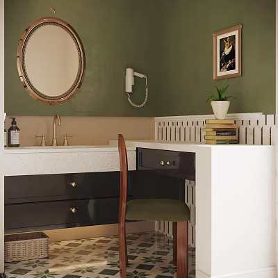 Green Wall Dressing Table With Round Brass Mirror White Countertop Green Chair Books And Plant 3d model