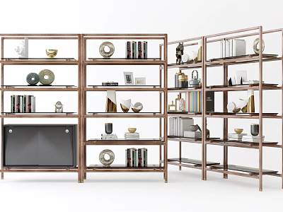 Modern Metal Frame Bookcase With Books Decorative Items Vases And Photo Frames 3d model