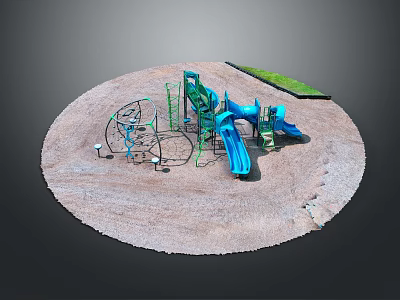 Playground Equipment In Circular Sandy Area With Blue Slide And Green Climbing Structure 3d model