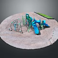 Playground Equipment In Circular Sandy Area With Blue Slide And Green Climbing Structure