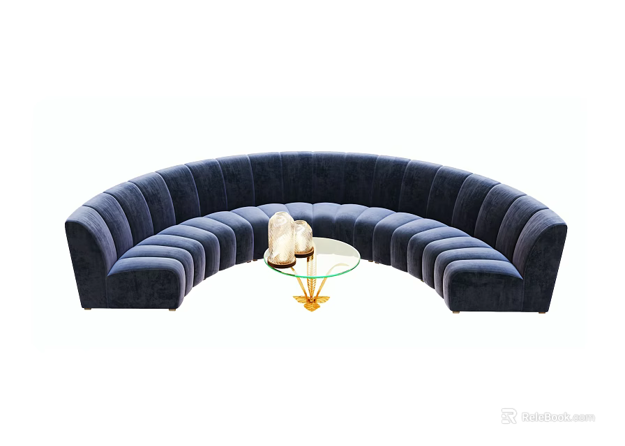 Navy Blue Curved Sectional Sofa With Glass Coffee Table And Decorative Items 3d model