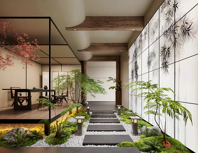 Japanese Indoor Landscape With Wooden Beams Stone Path Bamboo Paintings And Lantern Lights 3d model