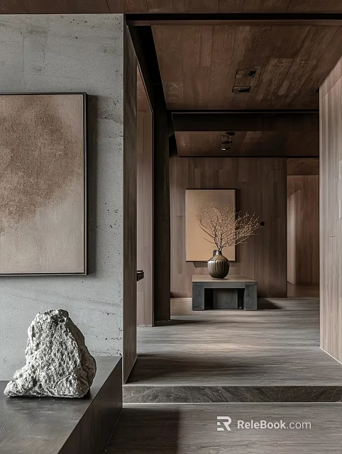 Modern Hotel Corridor With Wooden Walls Decorative Artwork Bench Vase And Stone Accent 3d model 