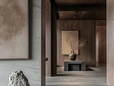 Modern Hotel Corridor With Wooden Walls Decorative Artwork Bench Vase And Stone Accent 3d model