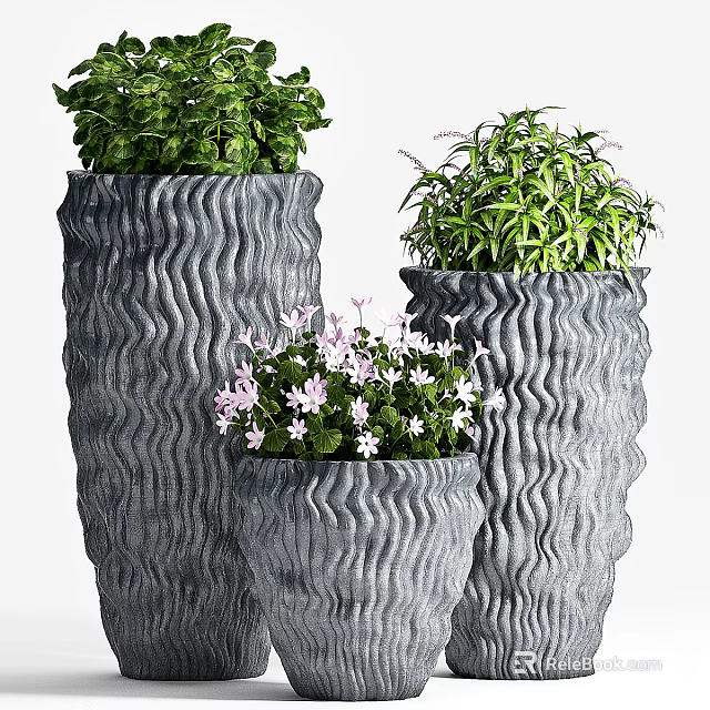 Stylish Wavy Textured Grey Planters With Potted Green Foliage And Purple Flowers Of Various Sizes 3d model 