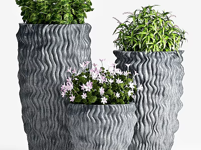 Stylish Wavy Textured Grey Planters With Potted Green Foliage And Purple Flowers Of Various Sizes 3d model