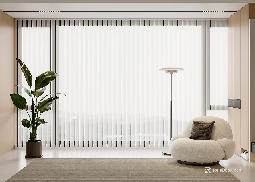 Modern Living Room Interior Featuring White Vertical Curtains White Armchair Floor Lamp And Green Plant 3d model 