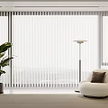 Modern Living Room Interior Featuring White Vertical Curtains White Armchair Floor Lamp And Green Plant