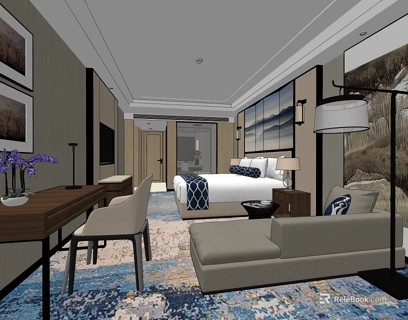 Elegant Hotel Guest Room Interior With Bed Sofa Desk Chair Lamp And Decorative Paintings 3d model 