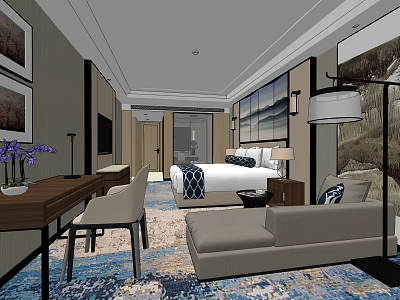 Elegant Hotel Guest Room Interior With Bed Sofa Desk Chair Lamp And Decorative Paintings 3d model