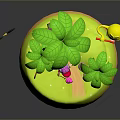 Palm Trees on Small Green Island with Cartoon Character Black Birds and Rocket Decoration
