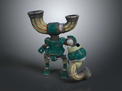 Green Robot With Red Striped Horn Pipes And Green Yellow Striped Creature Companion 3d model